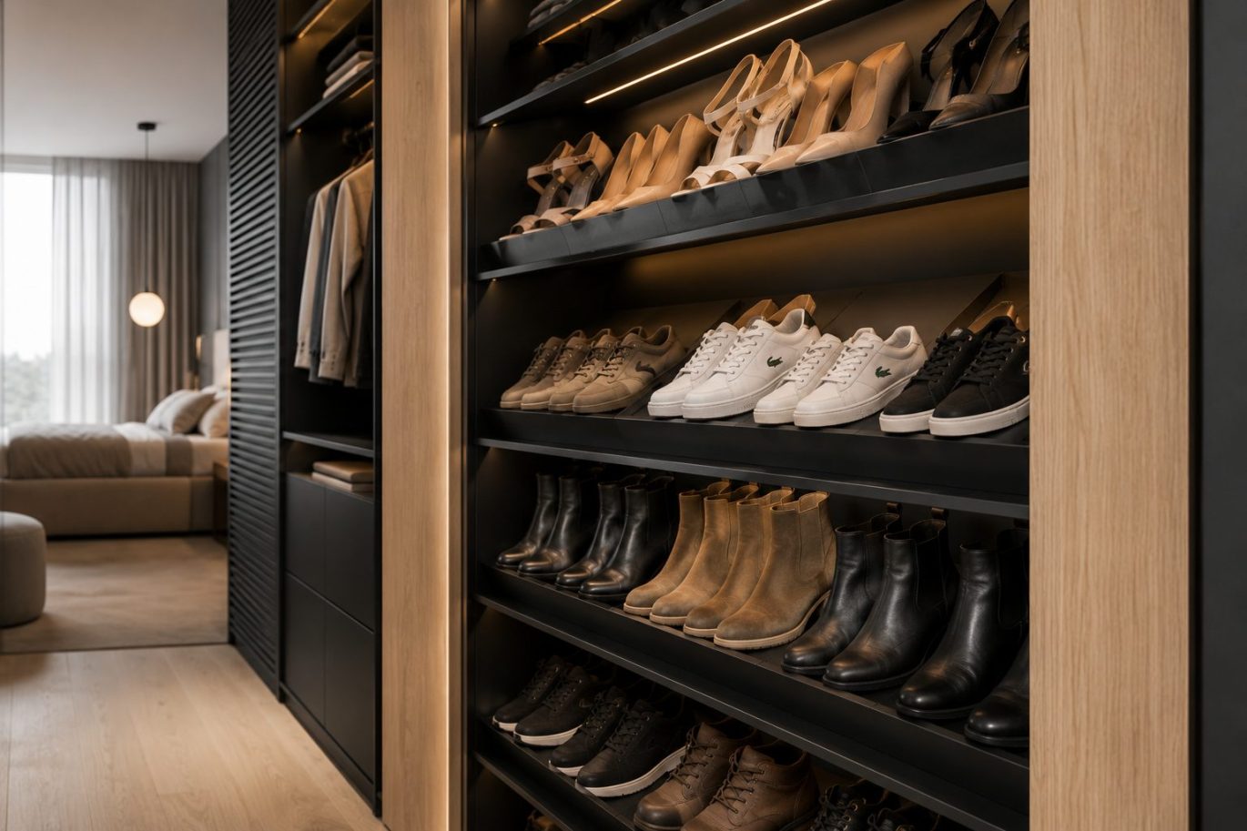 Detailopname van een chique inbouwkast met sfeervolle verlichting. Op de licht schuin geplaatste zwarte planken staat een stijlvolle collectie schoenen netjes geëtaleerd, oplopend van laarzen onderop, via sneakers in het midden, naar elegante hakken bovenin. De kast heeft warme, eikenhouten accenten.
