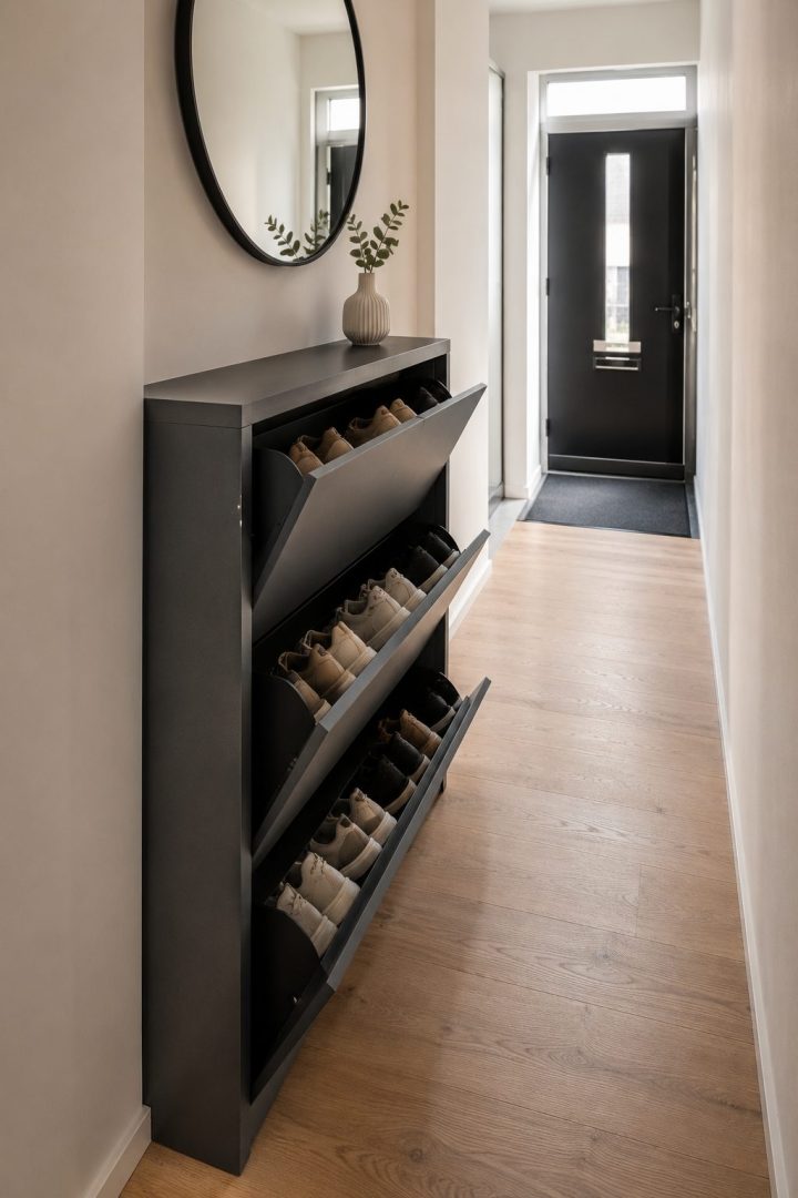 Een smalle, matzwarte schoenenkast met een ruimtebesparend kiepsysteem in een lichte gang met een houten vloer. Drie lades staan open gekanteld en bieden overzichtelijke ruimte voor diverse sneakers. Boven de kast hangt een strakke ronde spiegel met een zwarte rand.