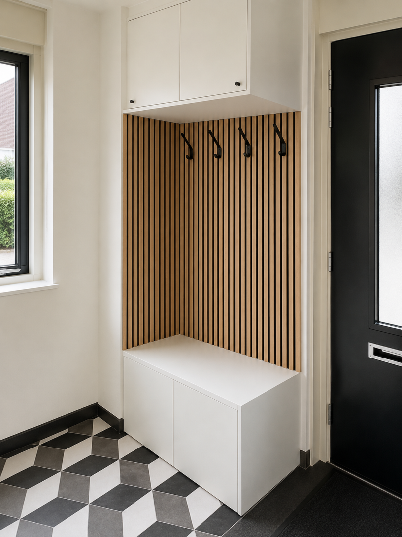 Witte gangkast op maat met houten lattenwand, kapstokhaken en zitbank in Nijkerk