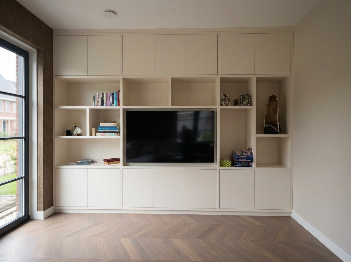 Maatwerk TV meubel in een lichte kleur, volledig ingebouwd van wand tot wand met open vakken voor boeken en gesloten kasten
