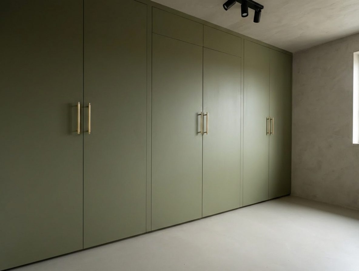 Op maat gemaakte olijfgroene kledingkast met kamerhoge deuren en goudkleurige handgrepen